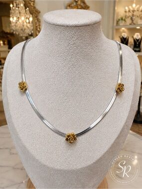 Two-Tone Gold Rose Silver-Tone Herringbone Necklace 16–18” NEW